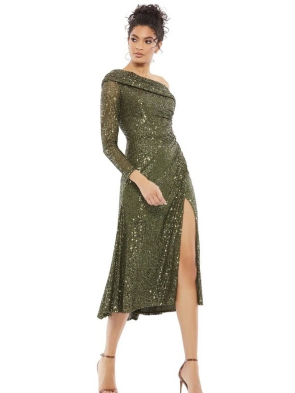MAC DUGGAL Size 2 Olive Green 26551 SEQUIN ONE-SHOULDER LONG SLEEVE MIDI DRESS